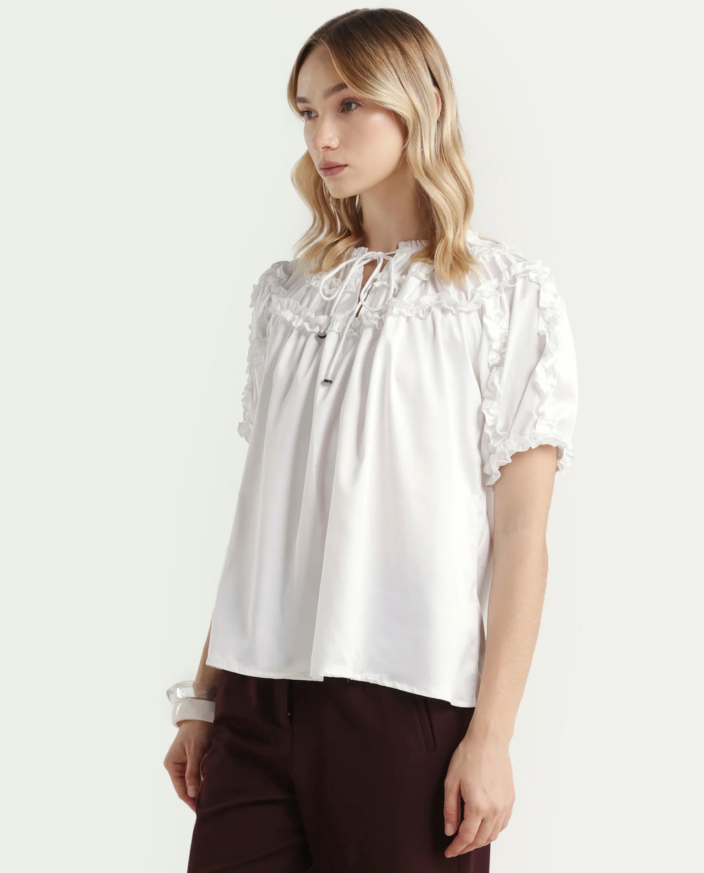 Rareism Women's William White Polyester Tie-Up Neck Plain Puff Sleeves Regular Fit Top