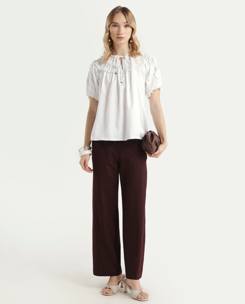 Rareism Women's William White Polyester Tie-Up Neck Plain Puff Sleeves Regular Fit Top