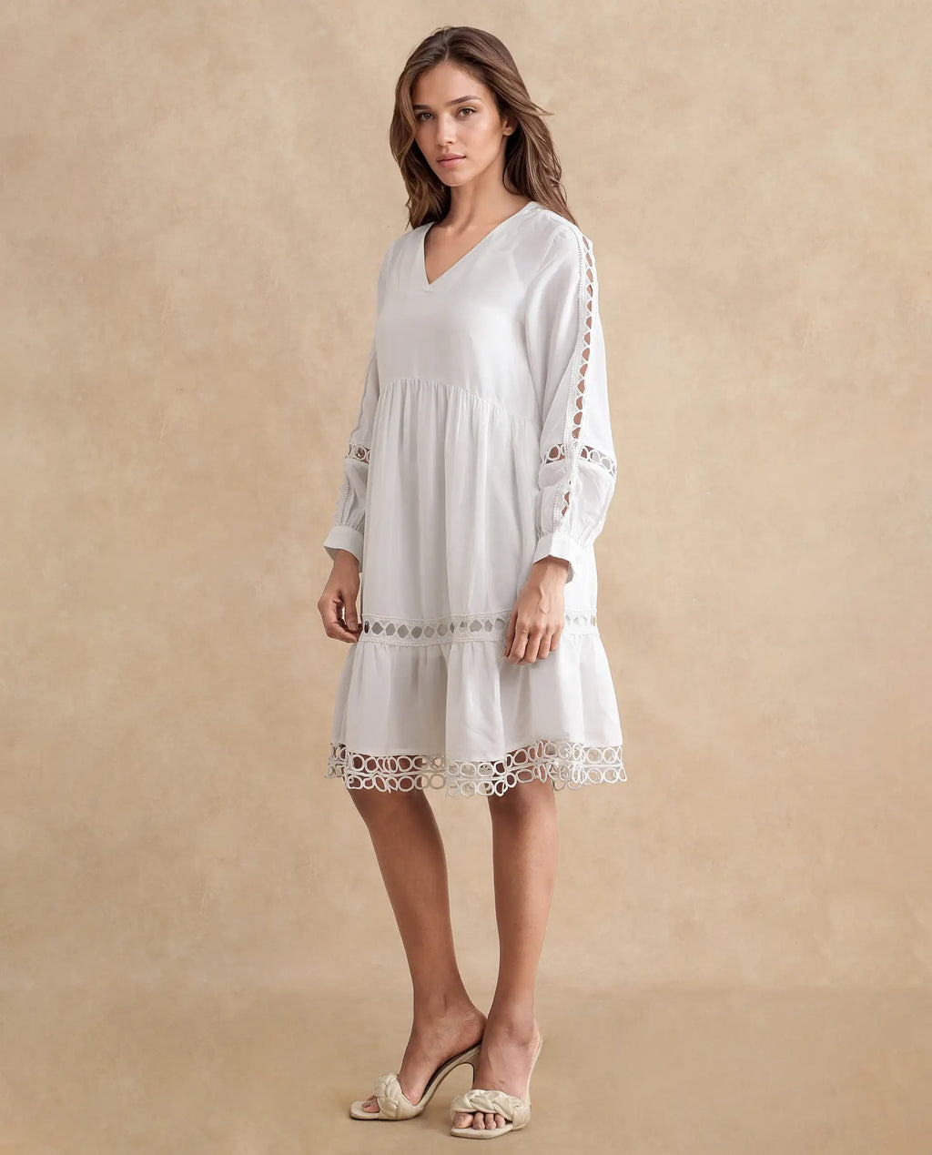 Rareism Women's Wimbledon White Polyester Mandarin Collar Plain Cuffed Sleeve Mini Relaxed Fit Dress