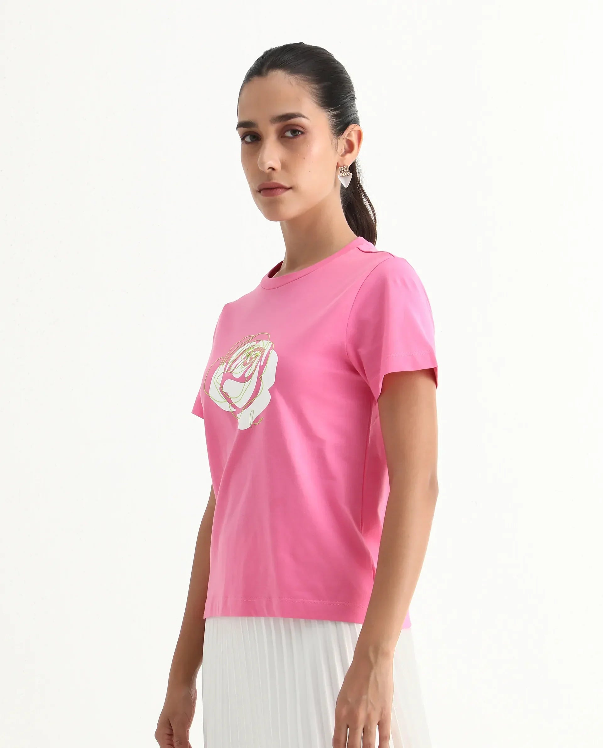 Rareism Women's Wond Light Pink Cotton Blend Crew Neck Floral Print Regular Fit T-Shirt