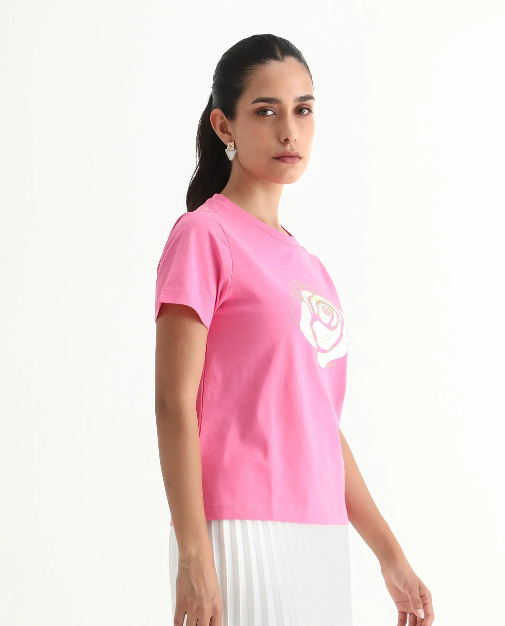 Rareism Women's Wond Light Pink Cotton Blend Crew Neck Floral Print Regular Fit T-Shirt