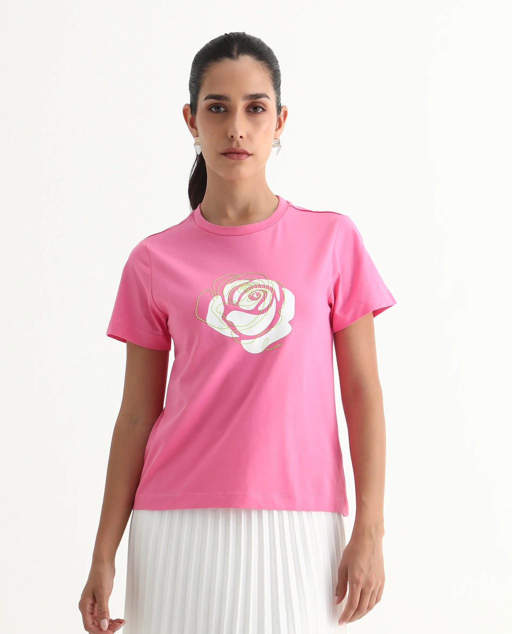 Rareism Women's Wond Light Pink Cotton Blend Crew Neck Floral Print Regular Fit T-Shirt