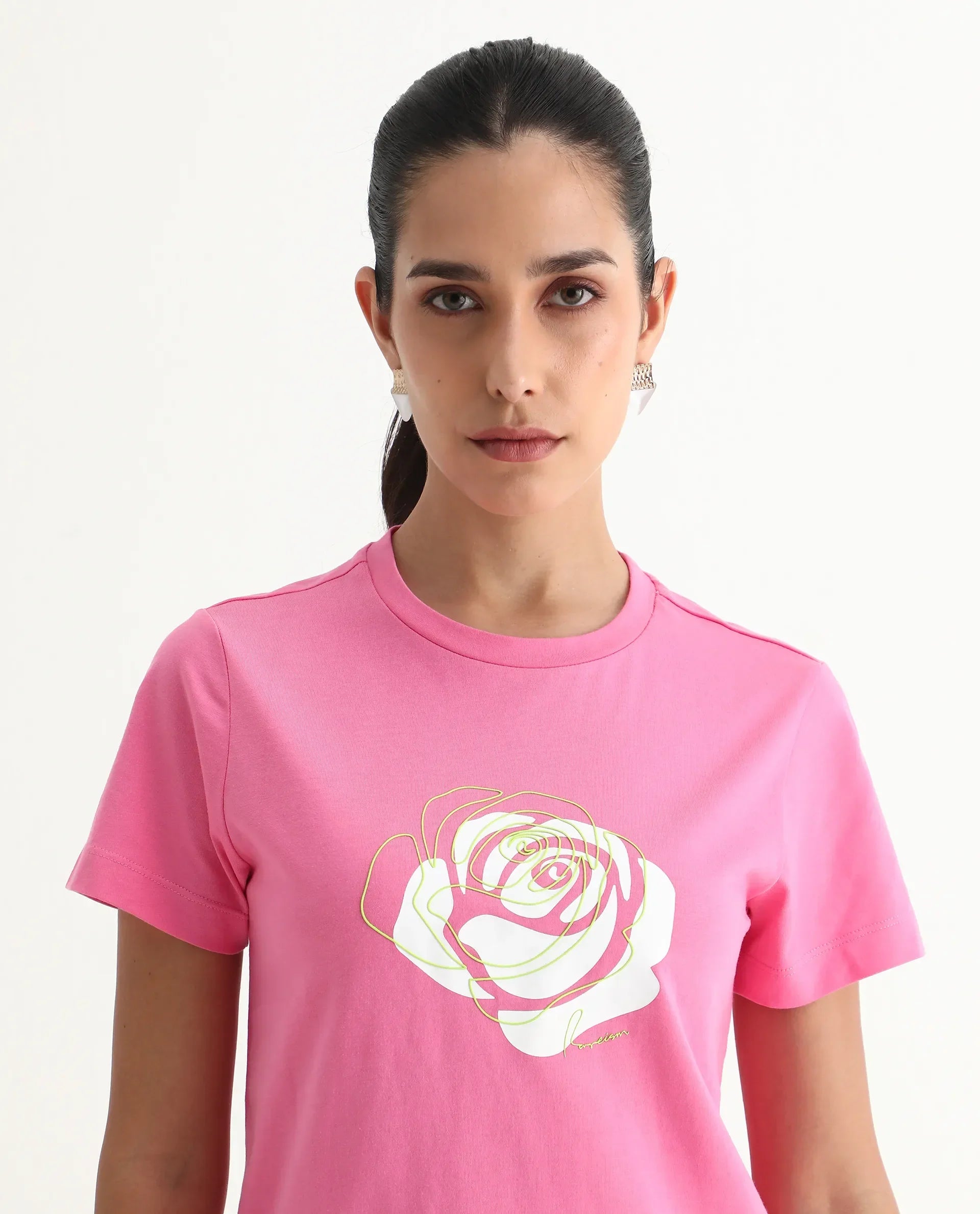 Rareism Women's Wond Light Pink Cotton Blend Crew Neck Floral Print Regular Fit T-Shirt