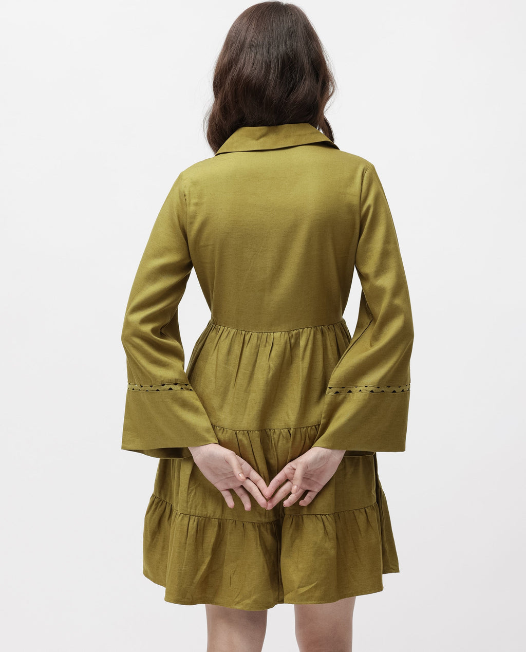 Rareism Women's Wyatt Green Cotton Blend Spread Collar Plain Bell Sleeve Mini Regular Fit Dress
