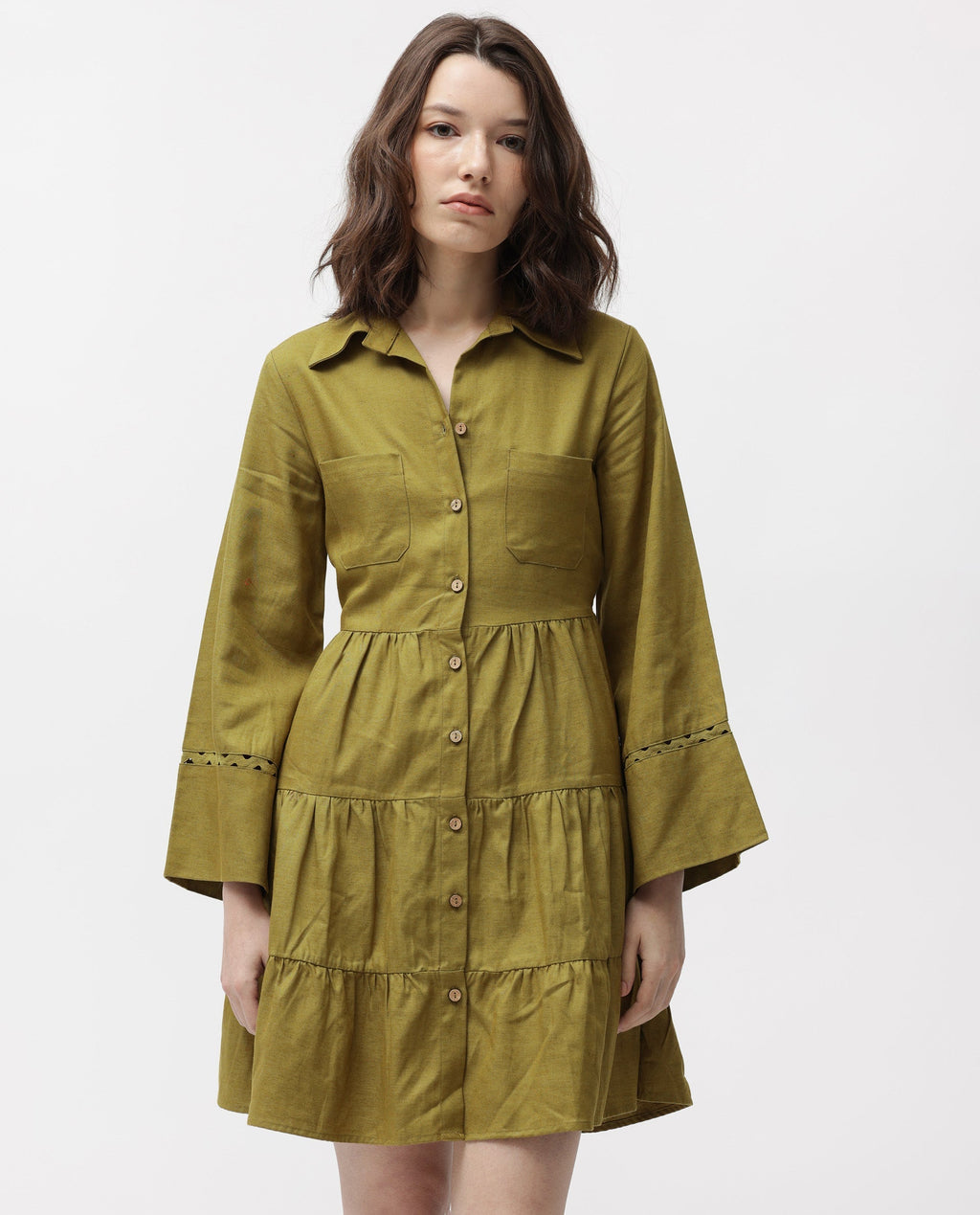 Rareism Women's Wyatt Green Cotton Blend Spread Collar Plain Bell Sleeve Mini Regular Fit Dress