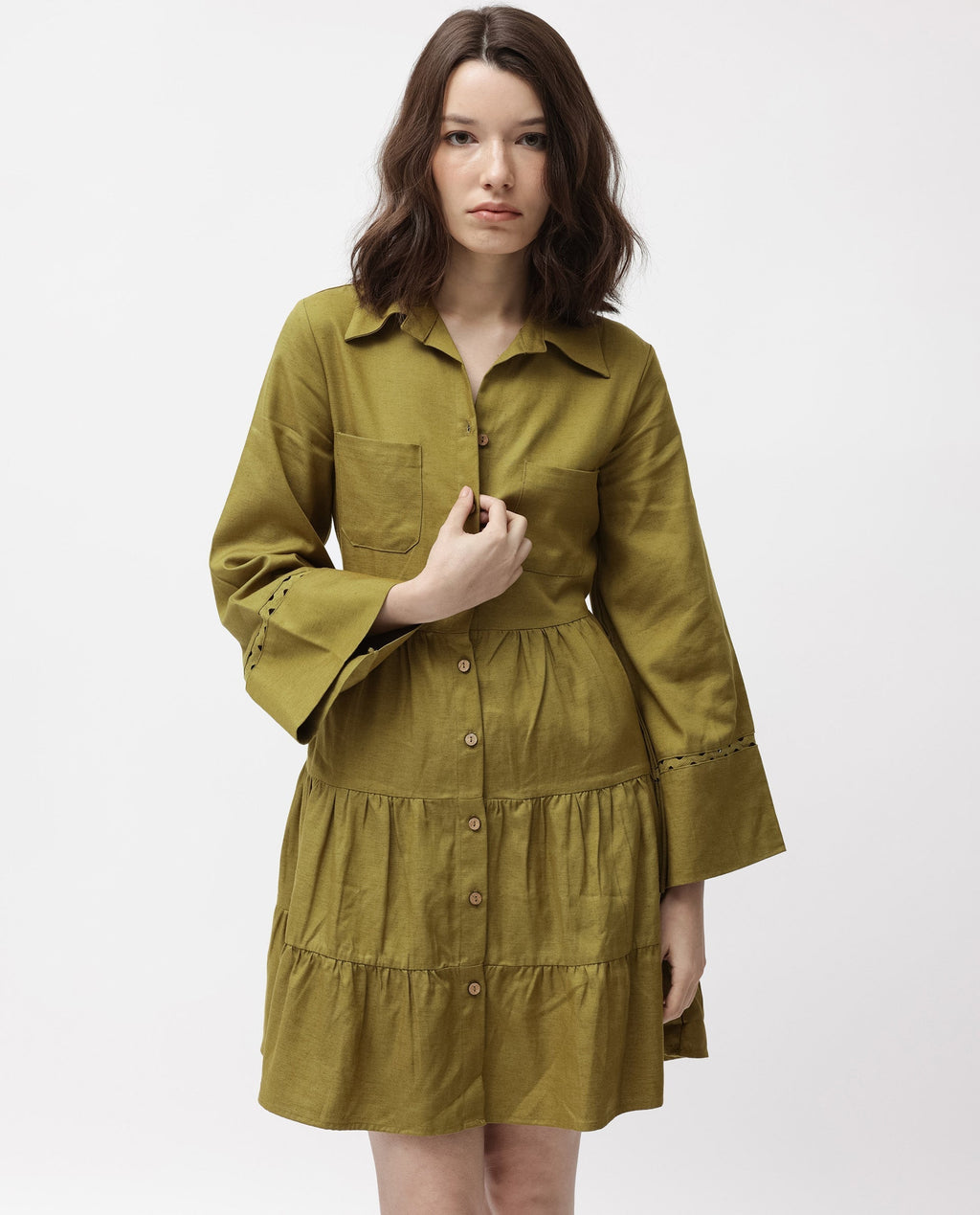 Rareism Women's Wyatt Green Cotton Blend Spread Collar Plain Bell Sleeve Mini Regular Fit Dress