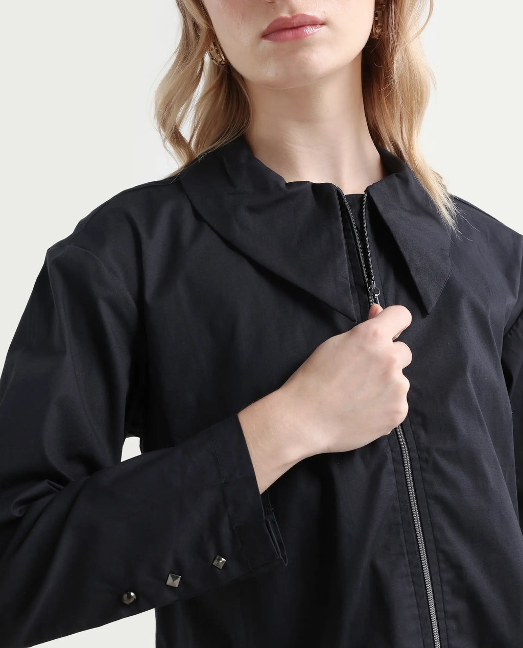 Rareism Women's Xan Black Cotton Spread Collar Plain Regular Fit Top