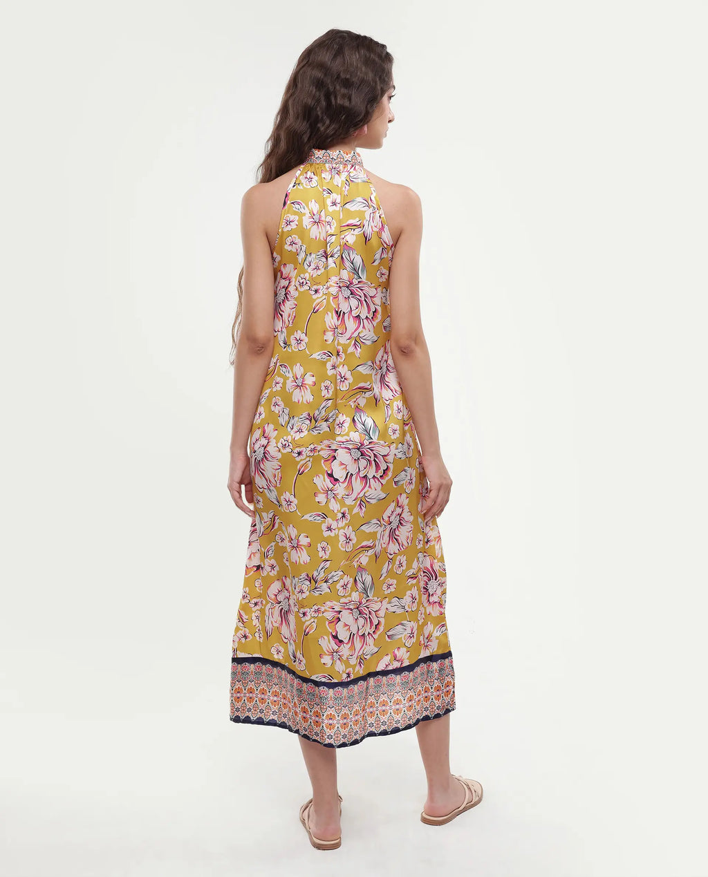 Rareism Women's Xander Yellow Polyester Tie-Up Neck Floral Print Sleeveless Maxi Regular Fit Dress
