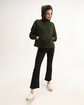 Rareism Women's Xan Dark Olive Cotton Blend Hooded Relaxed Fit Printed Sweatshirt