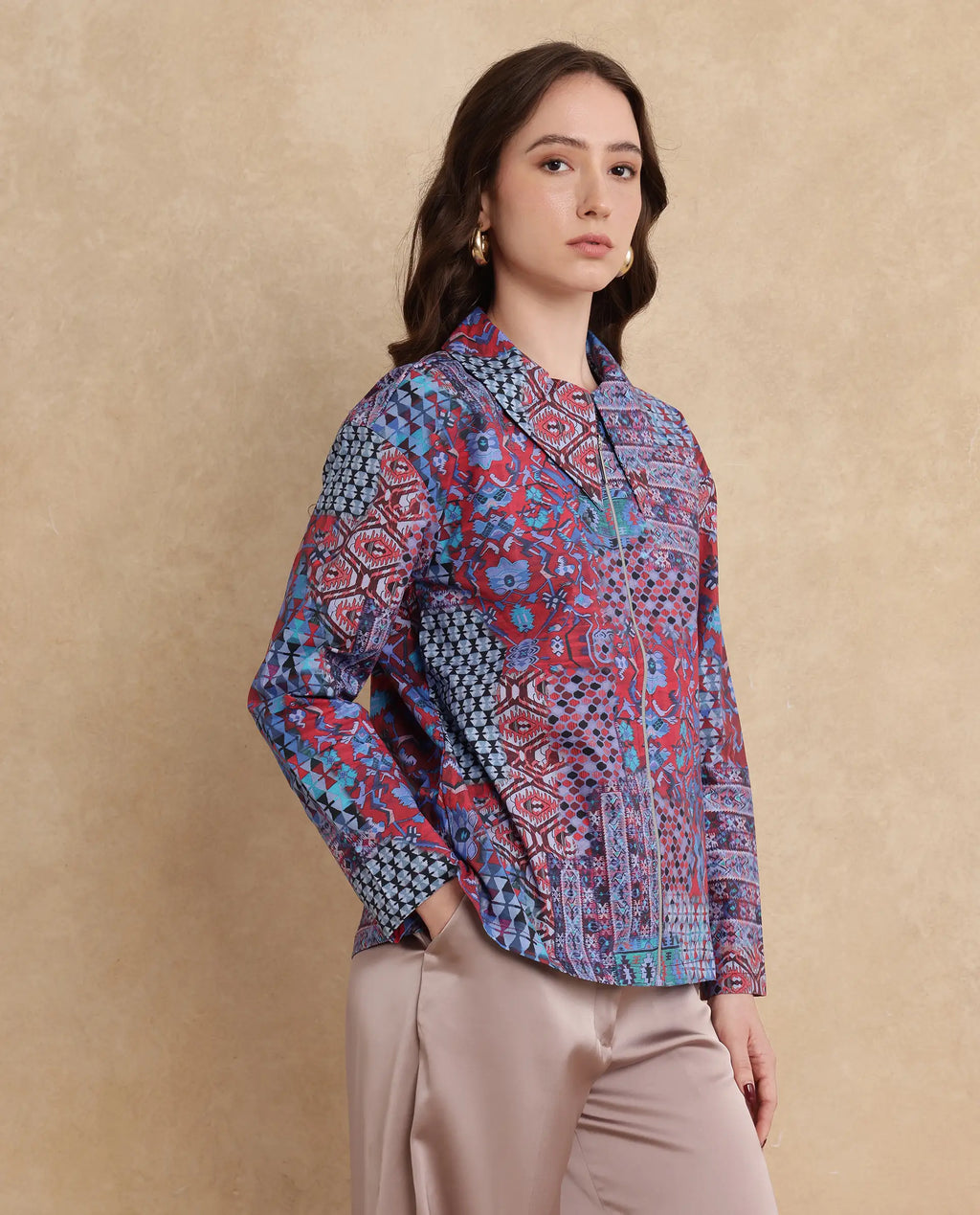 Rareism Women's Xany Multi Cotton Spread Collar Abstract Print Regular Fit Top