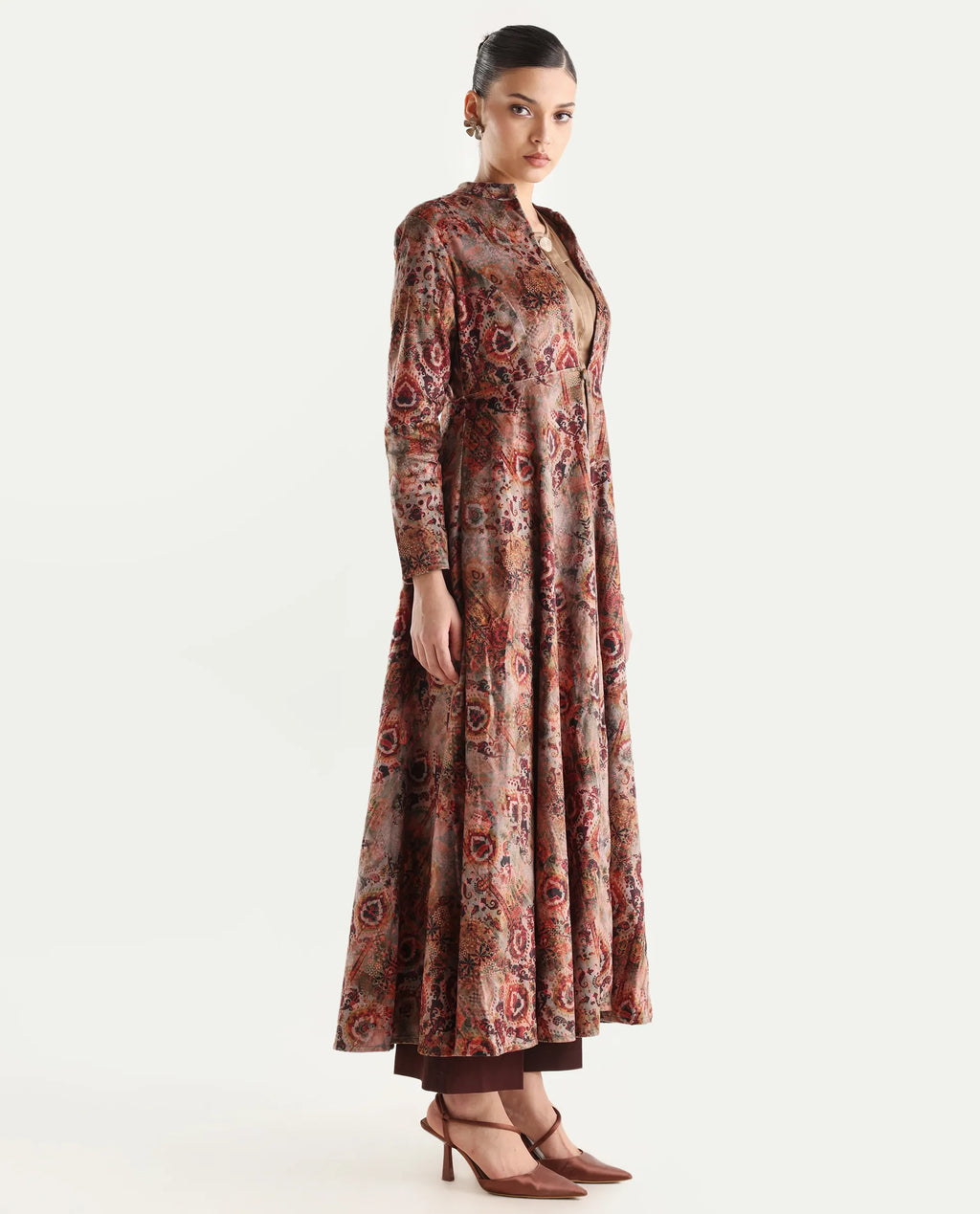 Rareism Women's Xaply Multi Velvet Collarless Abstract Print Maxi Flared Dress