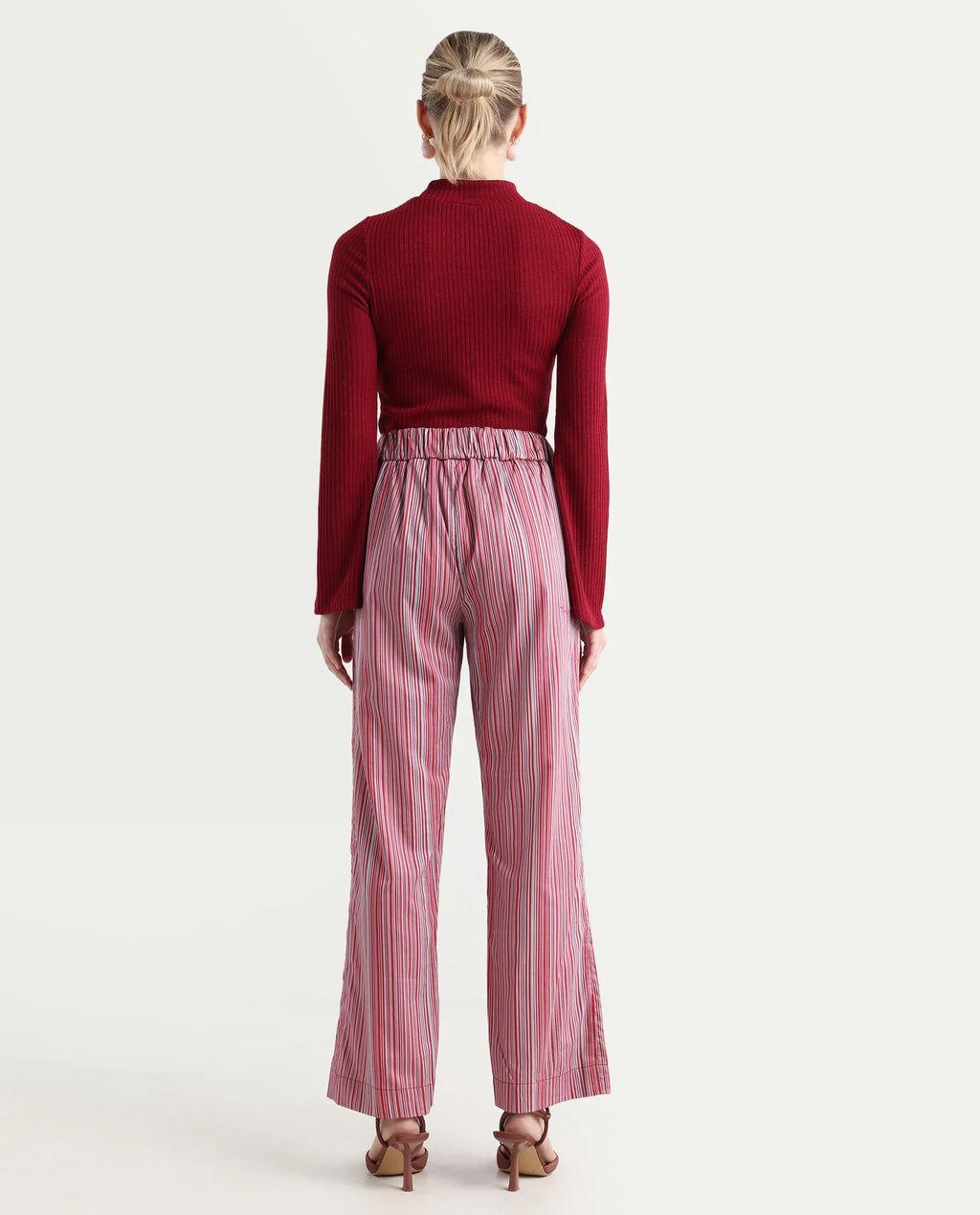 Rareism Women's Xavi Maroon Cotton Striped Ankle Length Tailored Trouser