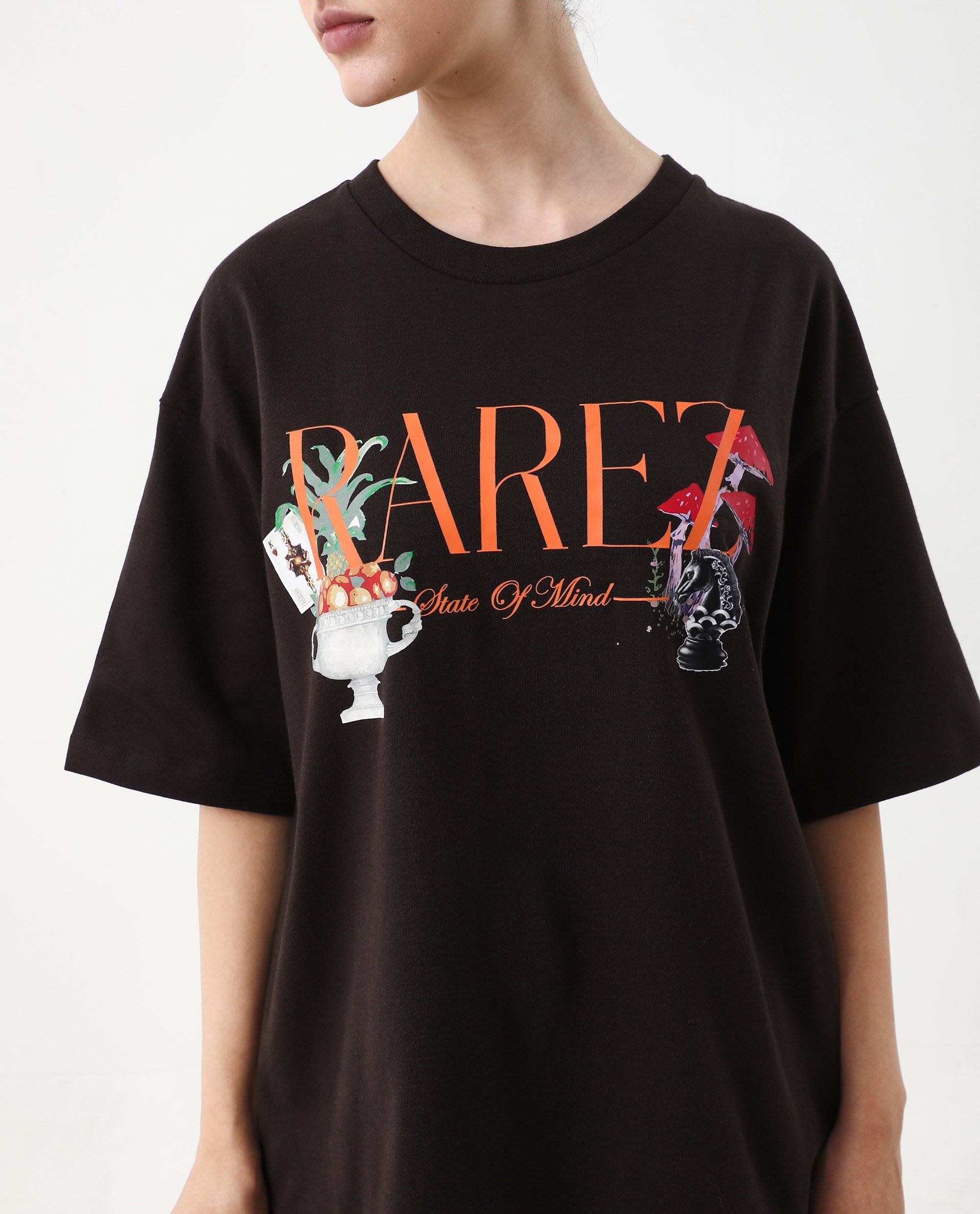 Rareism Women's Xena Brown Cotton Crew Neck Graphic Print Oversized T-Shirt