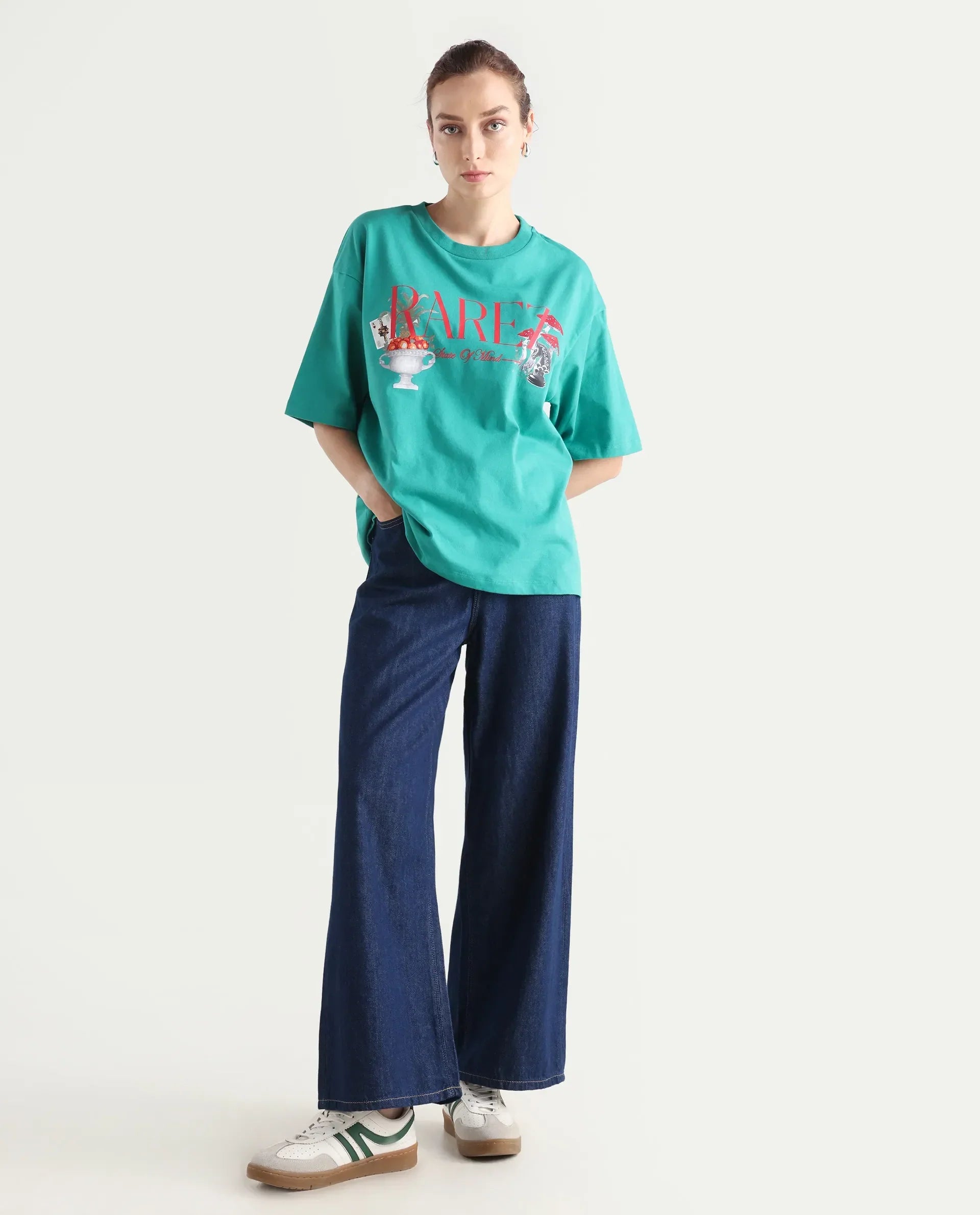 Rareism Women's Xena Green Cotton Crew Neck Graphic Print Oversized T-Shirt