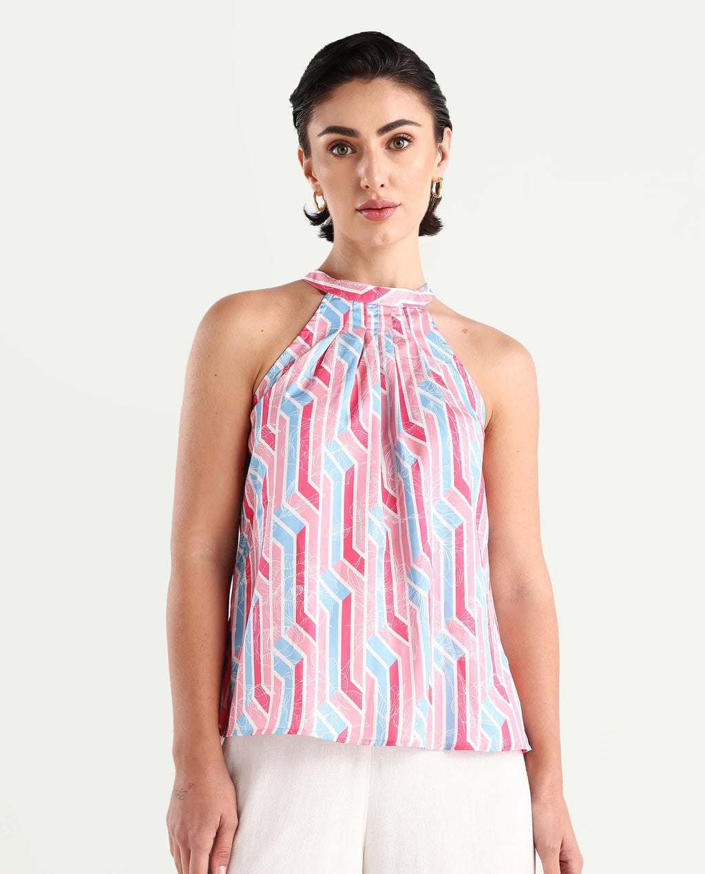 Rareism Women's Xico Light Multi Polyester Halter Neck Geometric Print Sleeveless Regular Fit Top