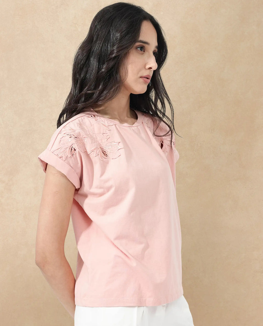 Rareism Women's Xinia Light Peach Cotton Blend Crew Neck Plain Extended Sleeves Regular Fit T-Shirt
