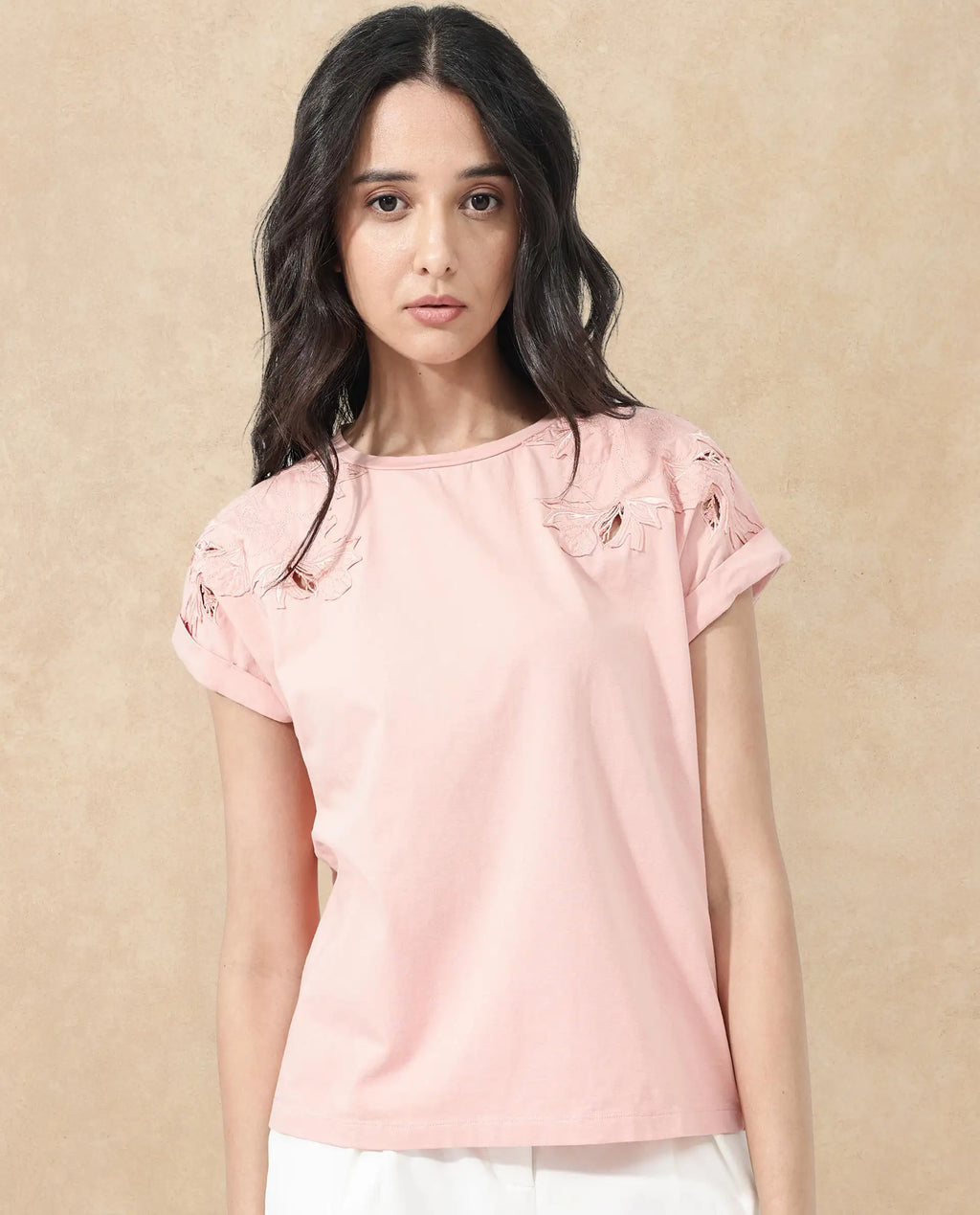 Rareism Women's Xinia Light Peach Cotton Blend Crew Neck Plain Extended Sleeves Regular Fit T-Shirt