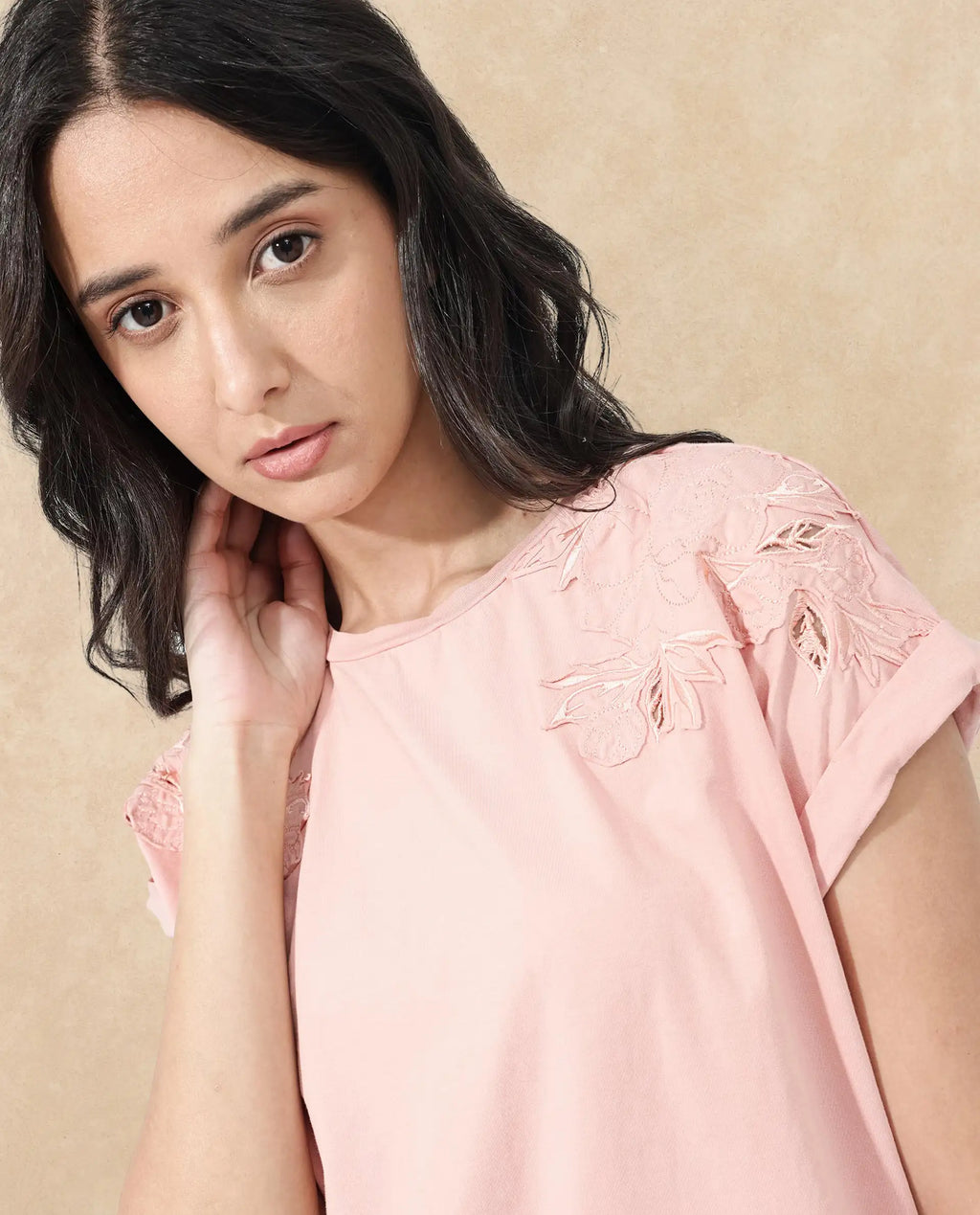 Rareism Women's Xinia Light Peach Cotton Blend Crew Neck Plain Extended Sleeves Regular Fit T-Shirt