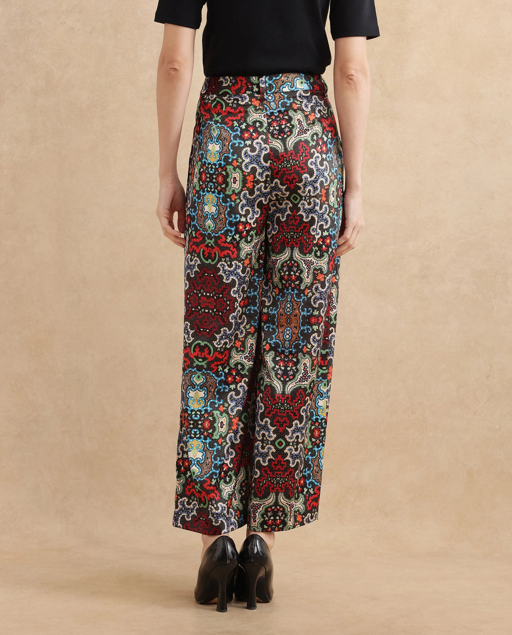 Rareism Women's Xiu Dark Multi Satin Abstract Print Ankle Length Wide Trouser