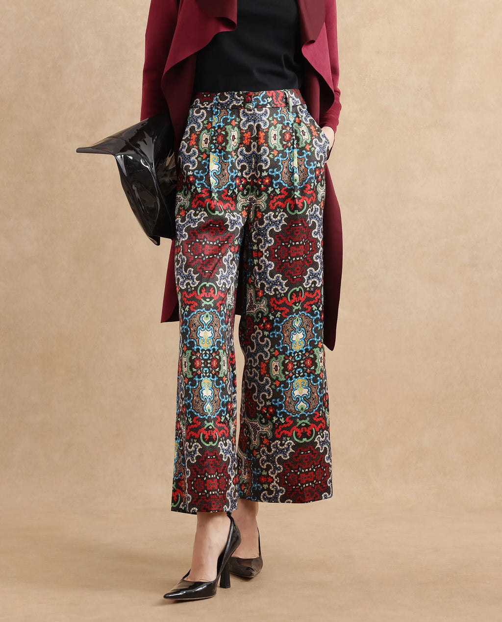 Rareism Women's Xiu Dark Multi Satin Abstract Print Ankle Length Wide Trouser