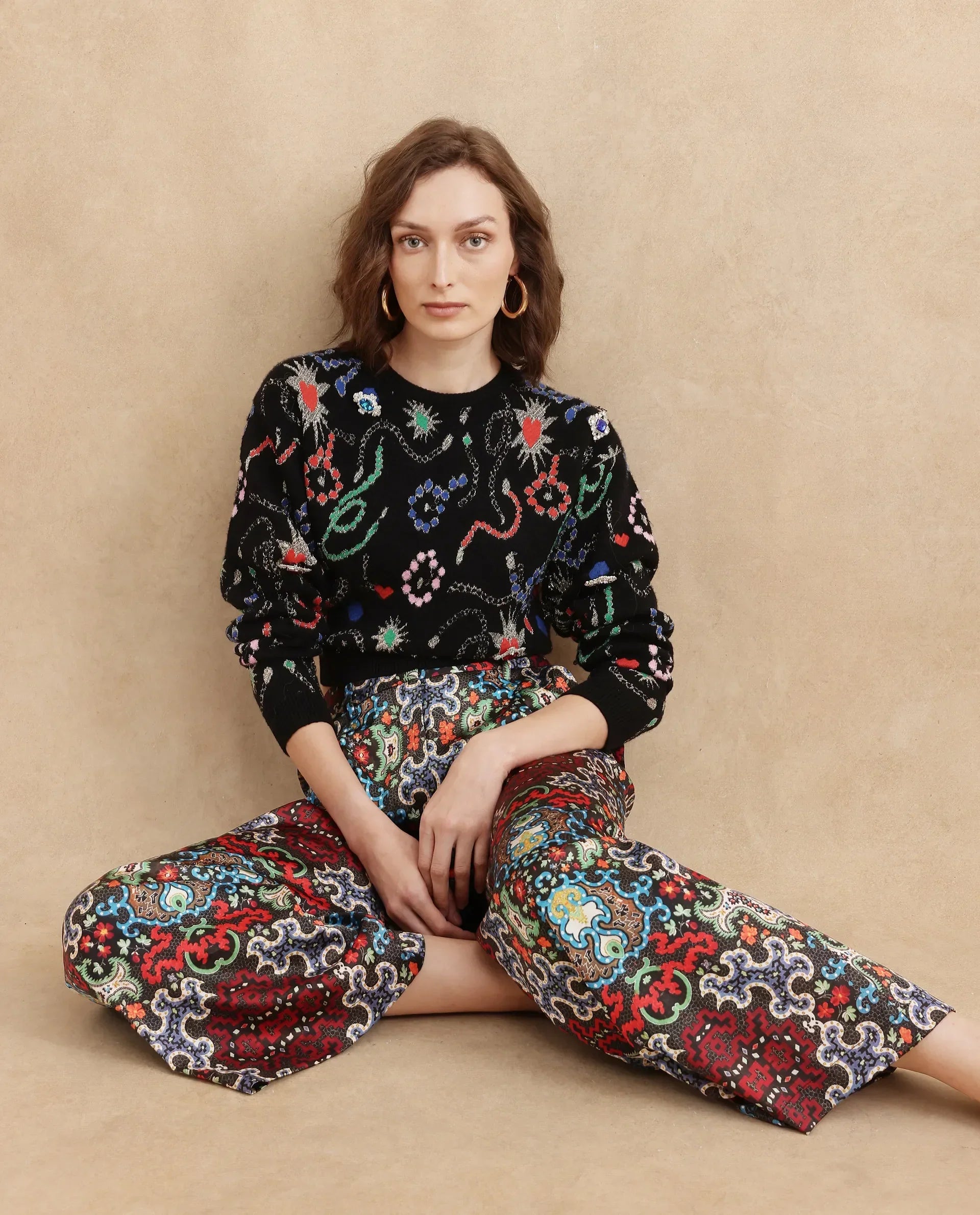 Rareism Women's Xiu Dark Multi Satin Abstract Print Ankle Length Wide Trouser