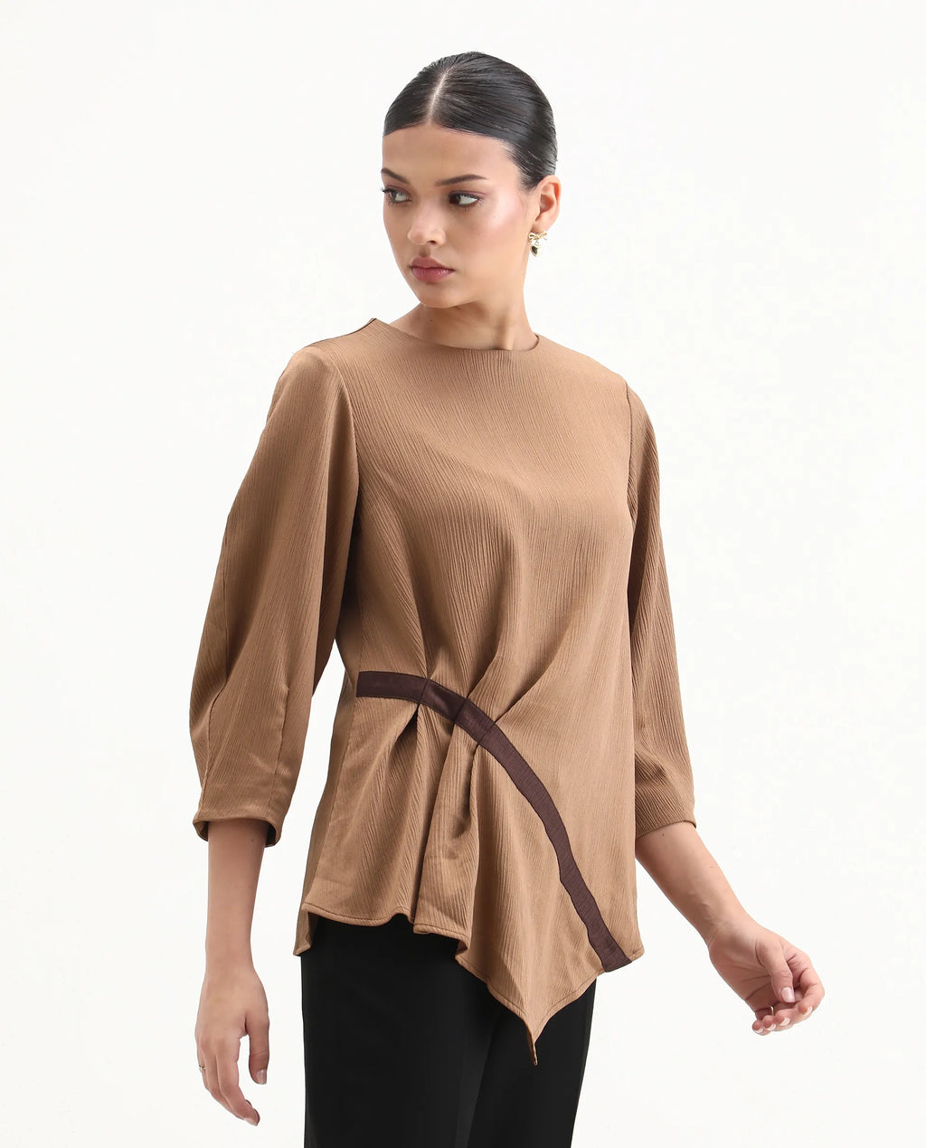Rareism Women's Yan Brown Polyester Crew Neck Plain Volume Sleeve Regular Fit Top