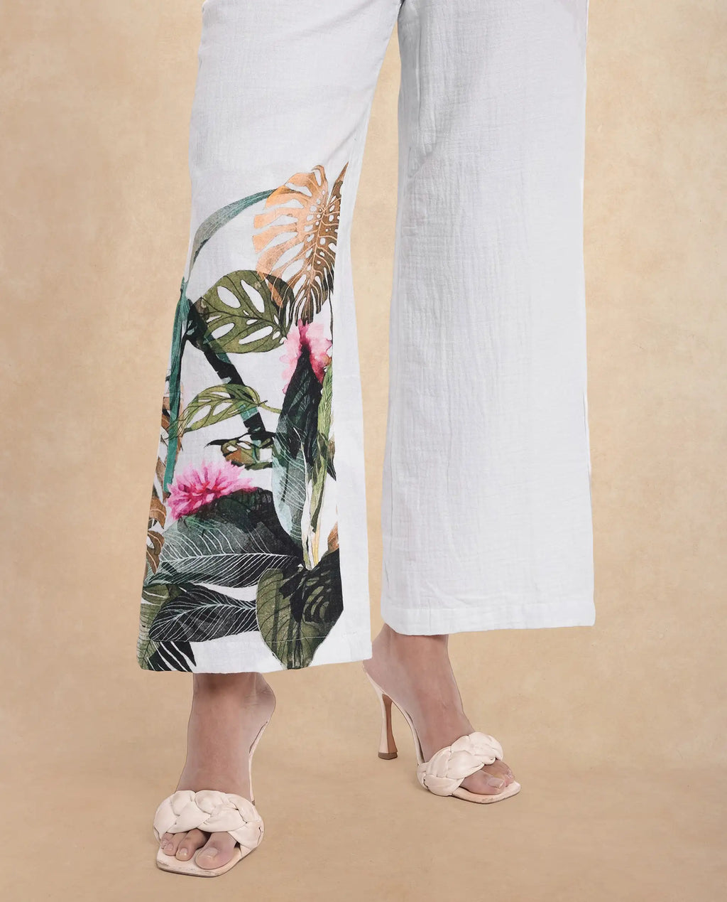 Rareism Women's Yarani Off White Cotton Blend Tropical Print Ankle Length Wide Trouser
