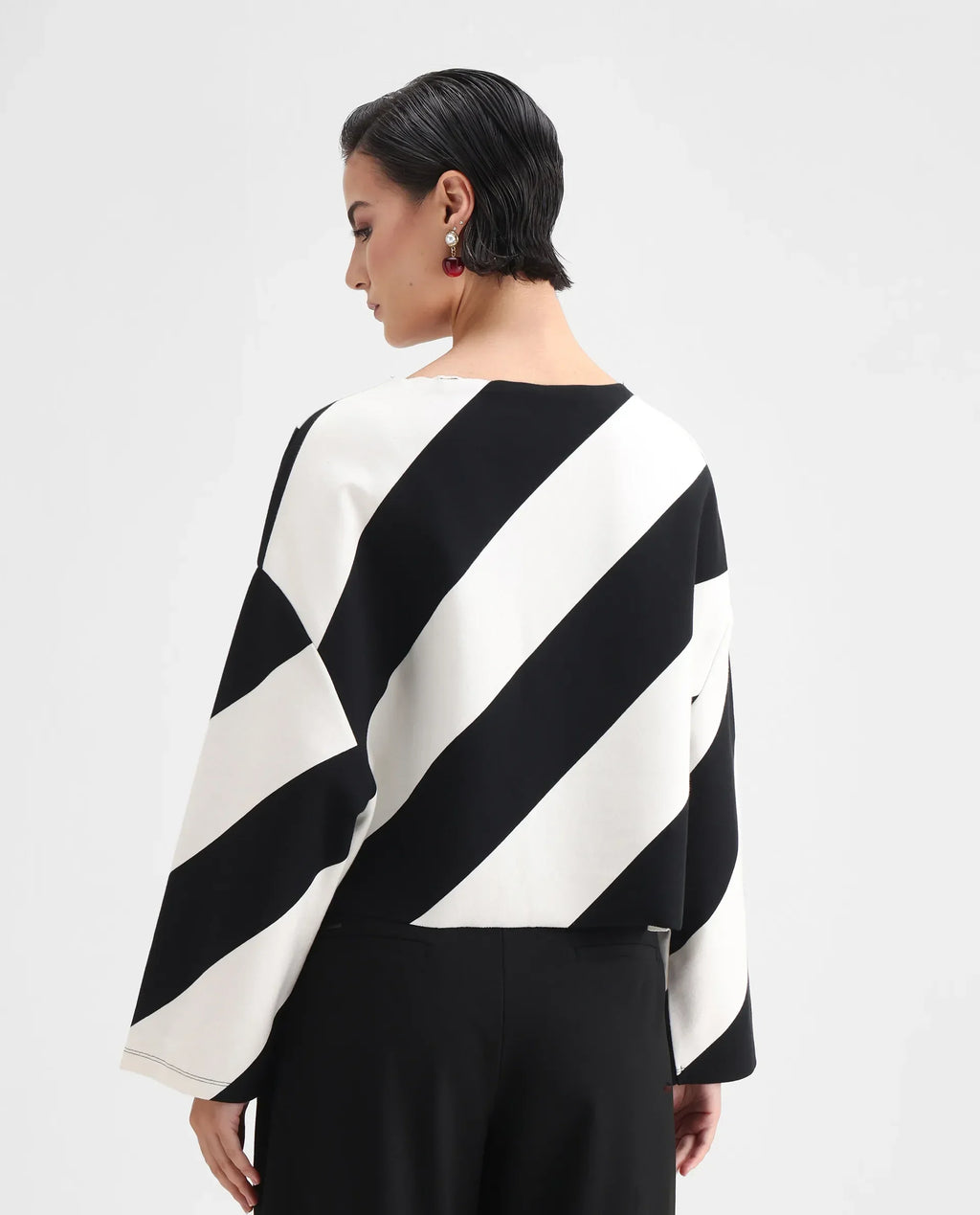 Rareism Women's Yarny Black Polyester Blend Henley Neck Striped Relaxed Fit Top