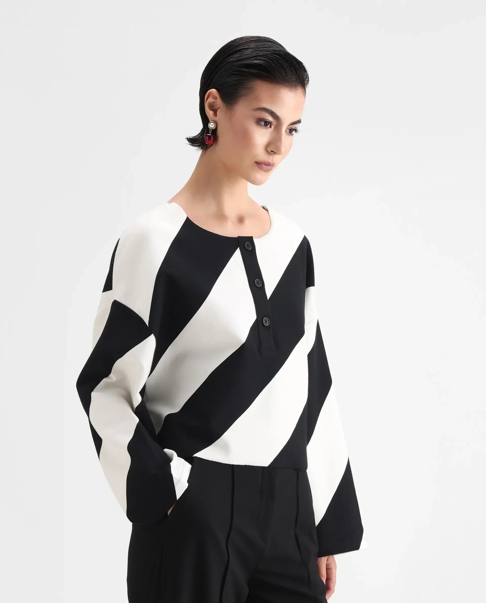 Rareism Women's Yarny Black Polyester Blend Henley Neck Striped Relaxed Fit Top
