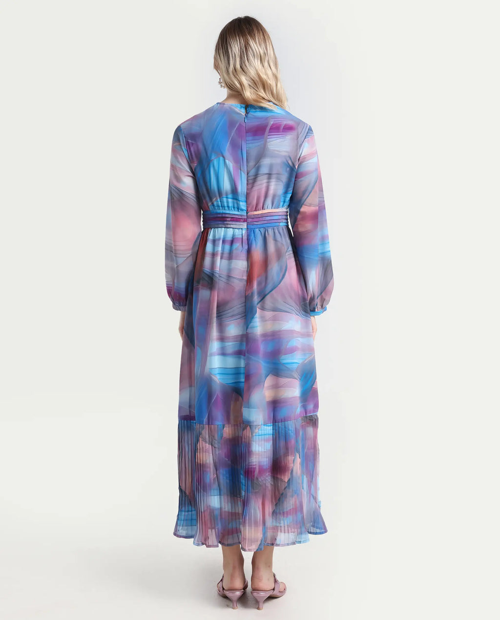 Rareism Women's Yason Multi Polyester Crew Neck Abstract Print Bishop Sleeve Maxi Fit And Flare Dress