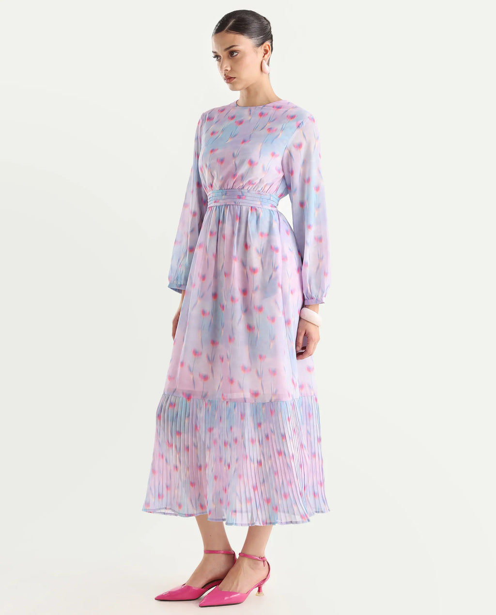 Rareism Women's Yasopp Multi Polyester Crew Neck Floral Print Bishop Sleeve Midi Fit And Flare Dress