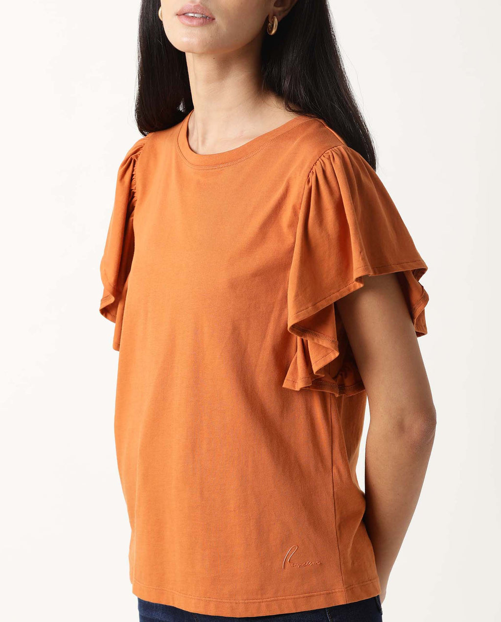 Rareism Women's Yatch Orange Crew Neck Plain Regular Fit Top