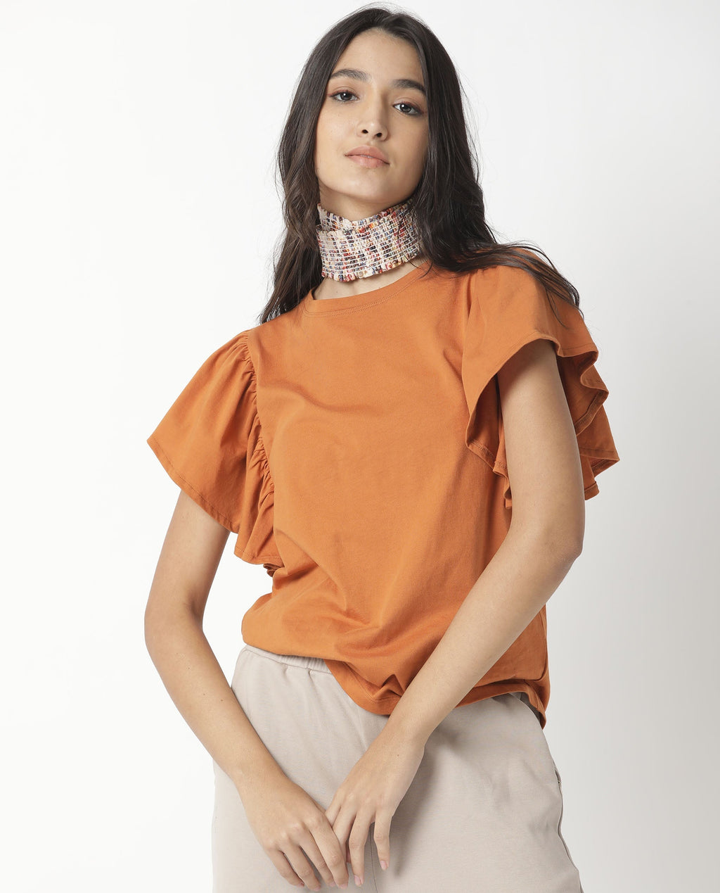 Rareism Women's Yatch Orange Crew Neck Plain Regular Fit Top