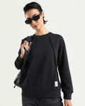 Rareism Women's Yello Black Cotton Blend Crew Neck Plain Relaxed Fit Sweatshirt
