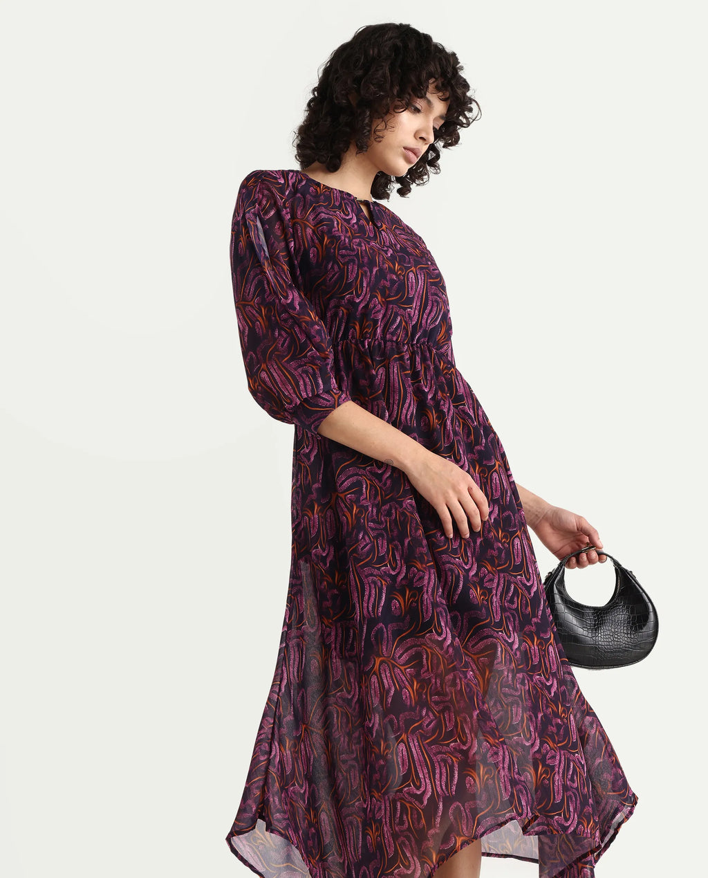 Rareism Women's Yerevan Dark Multi Polyester Crew Neck Abstract Print Puff Sleeves Midi Asymmetric Dress