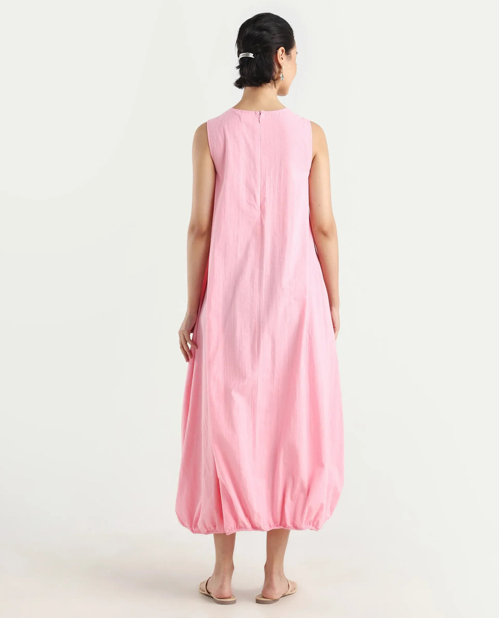 Rareism Women's Zakura Dusky Pink Cotton Crew Neck Striped Sleeveless Maxi Balloon Dress