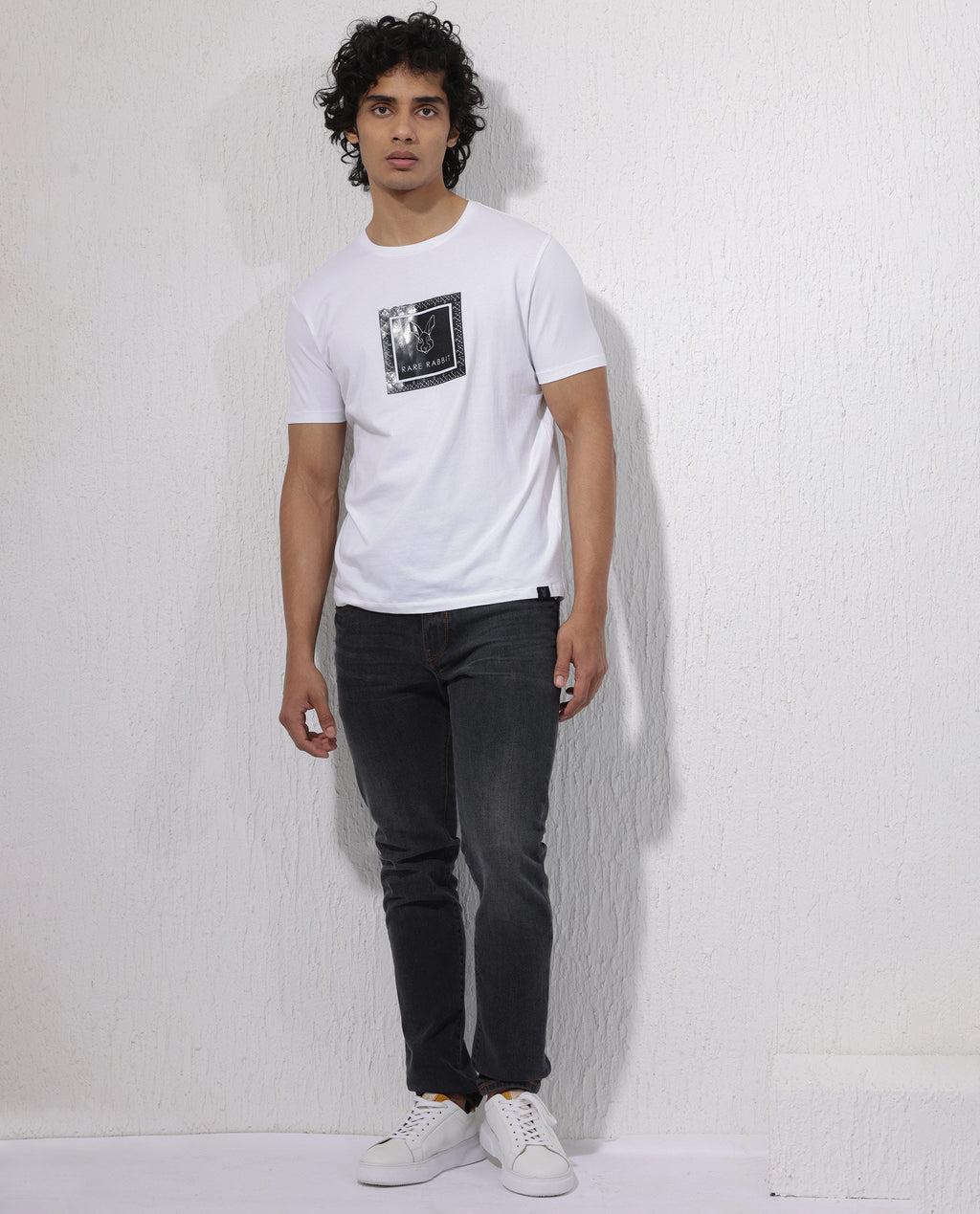 Rare Rabbit Men's Zalen White Cotton Blend Graphic Print Regular Fit Half Sleeve Crew Neck T-Shirt