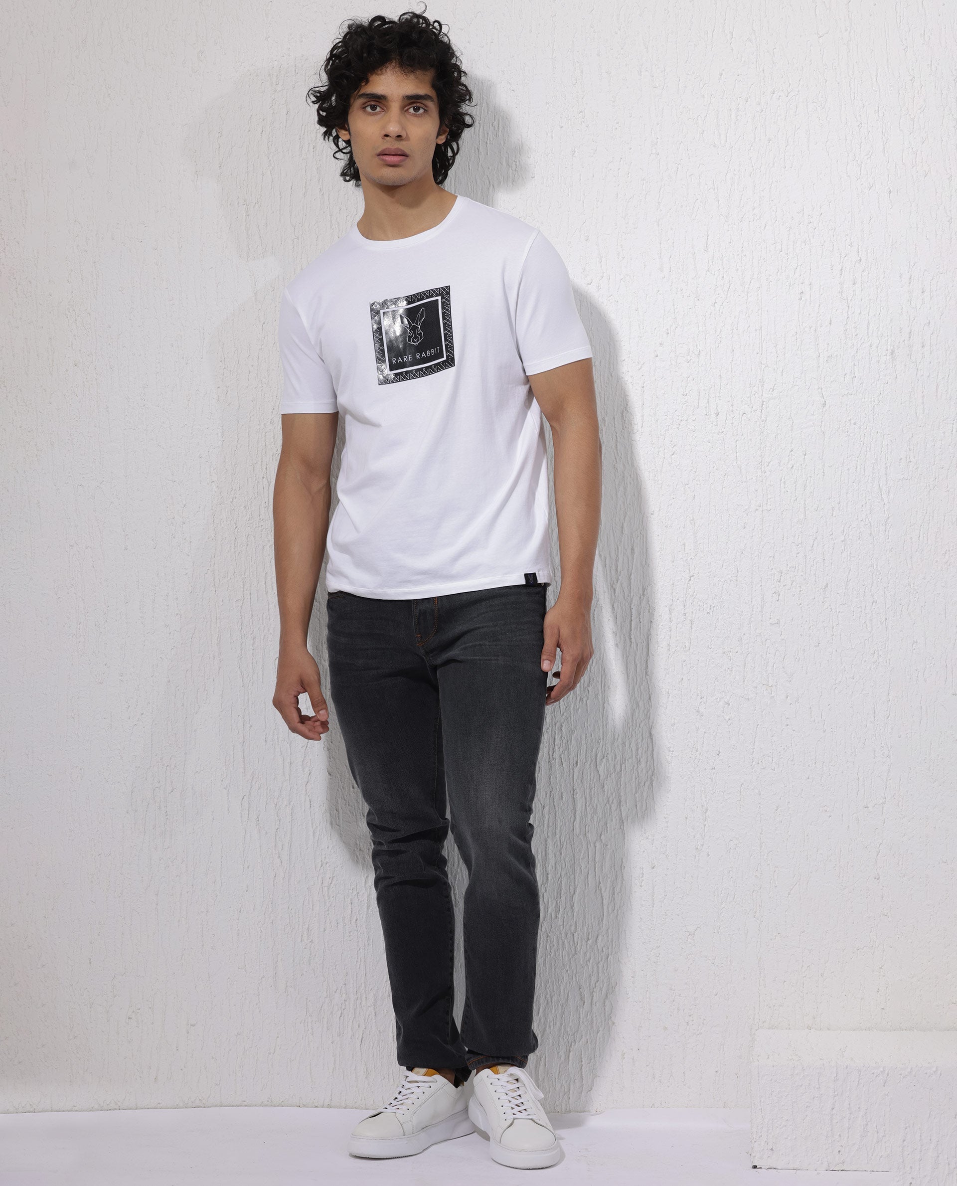 Rare Rabbit Men's Zalen White Cotton Blend Graphic Print Regular Fit Half Sleeve Crew Neck T-Shirt