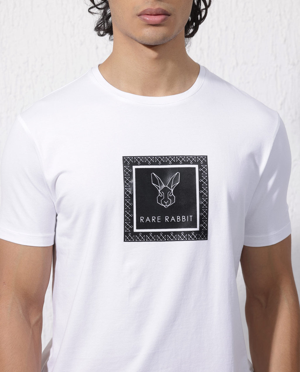 Rare Rabbit Men's Zalen White Cotton Blend Graphic Print Regular Fit Half Sleeve Crew Neck T-Shirt