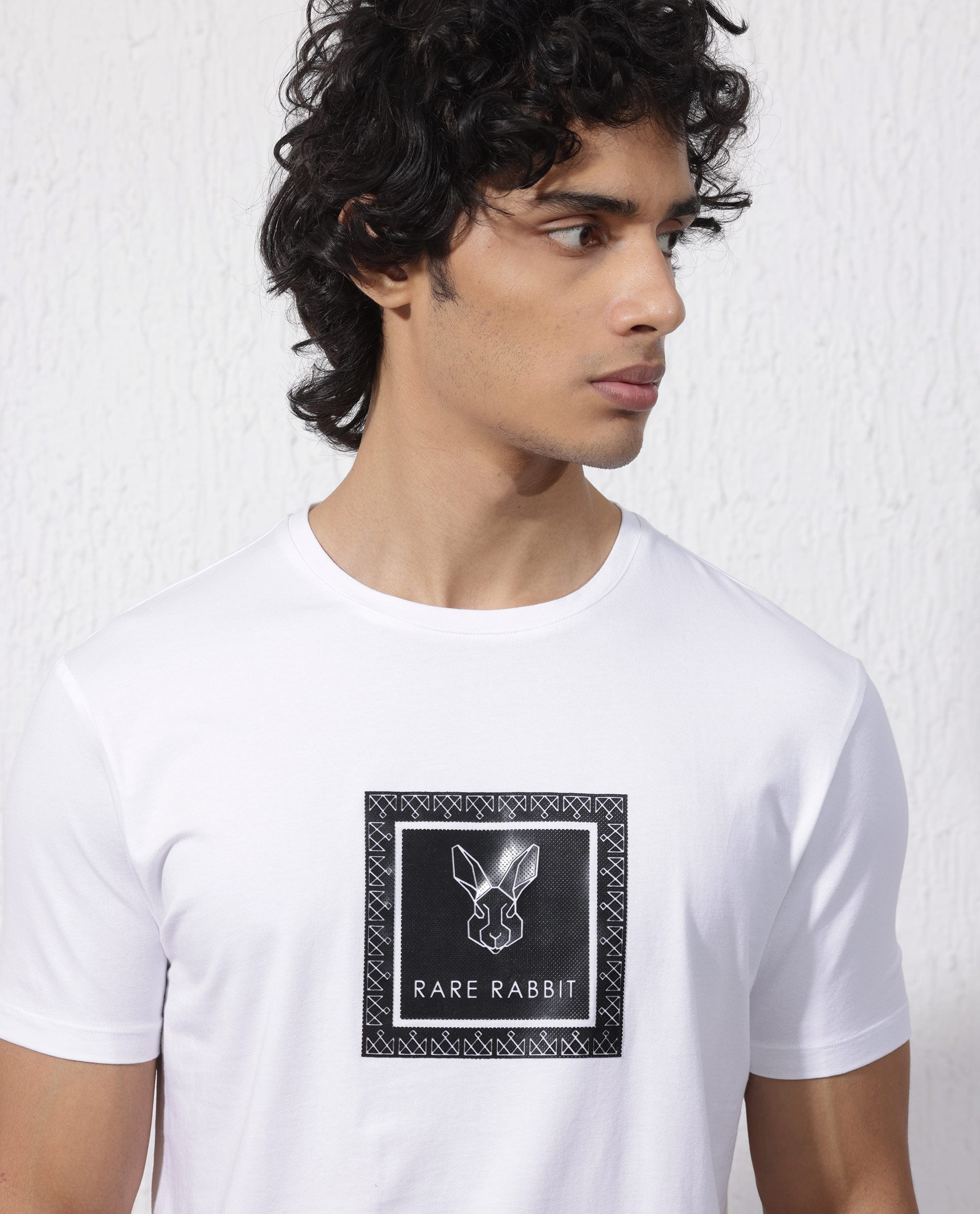 Rare Rabbit Men's Zalen White Cotton Blend Graphic Print Regular Fit Half Sleeve Crew Neck T-Shirt