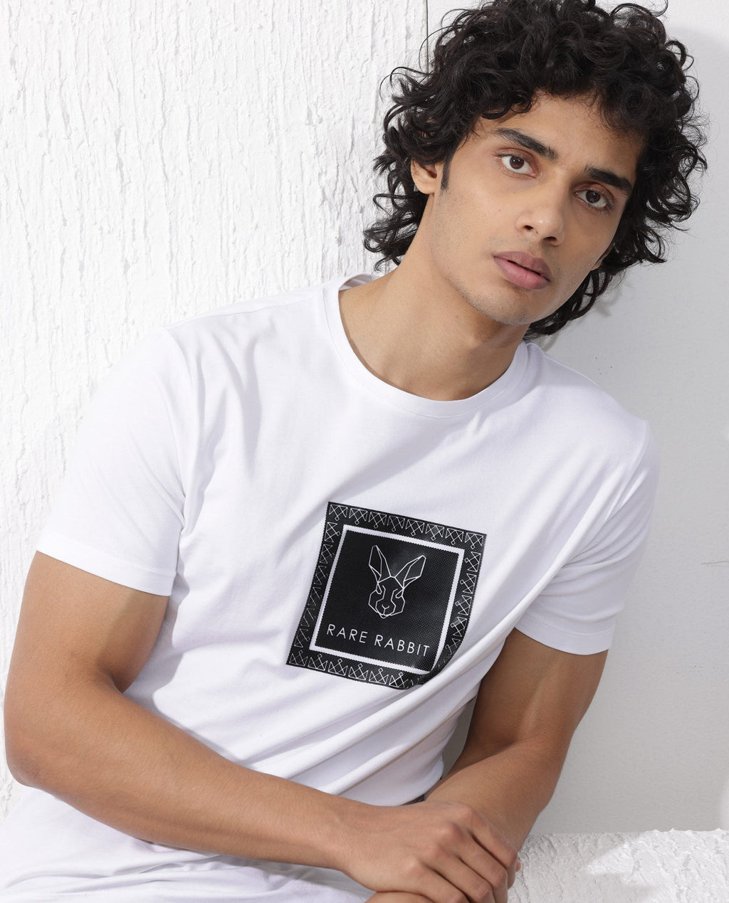 Rare Rabbit Men's Zalen White Cotton Blend Graphic Print Regular Fit Half Sleeve Crew Neck T-Shirt
