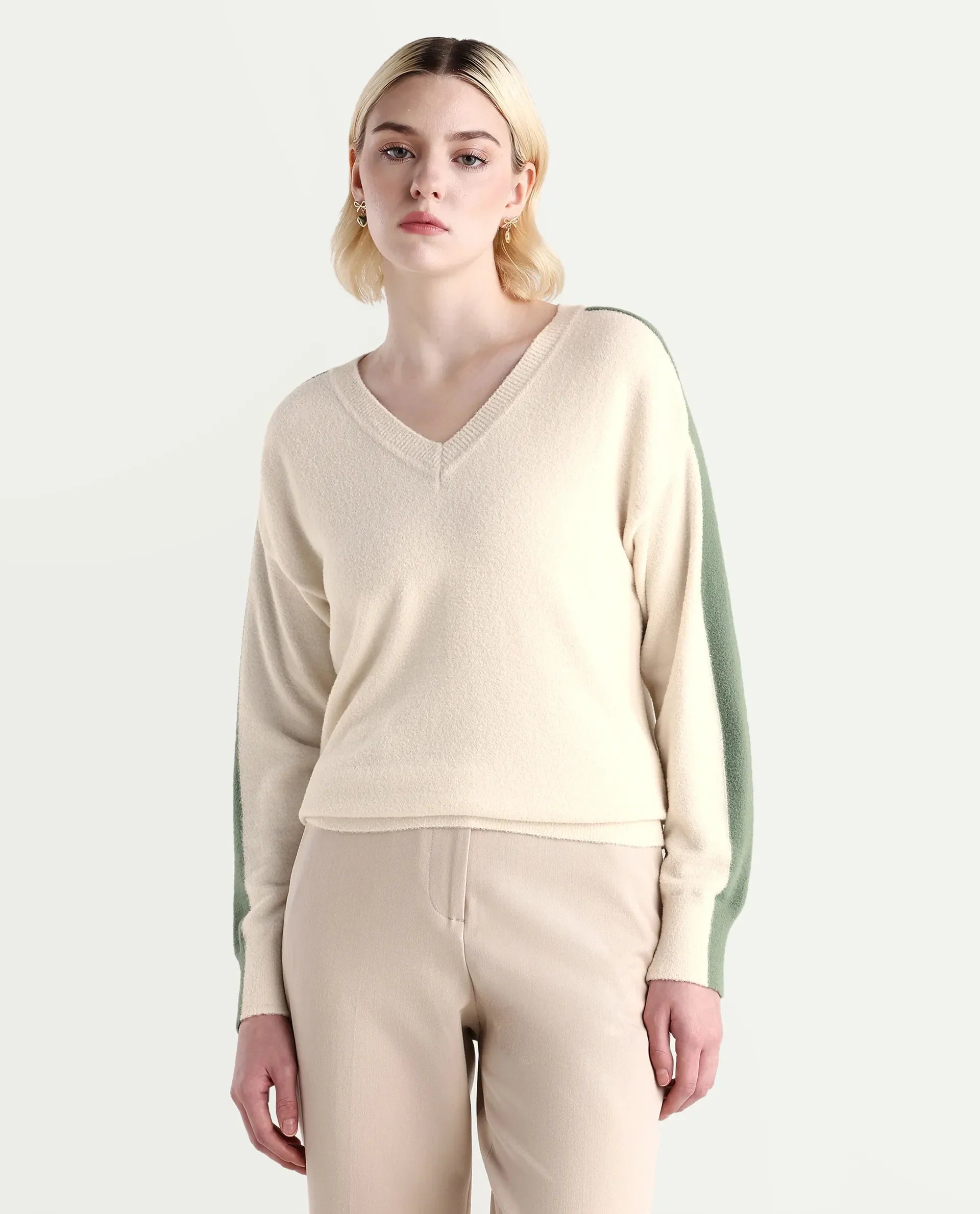 Rareism Women's Zander Off White Nylon V-Neck Relaxed Fit Plain Sweater