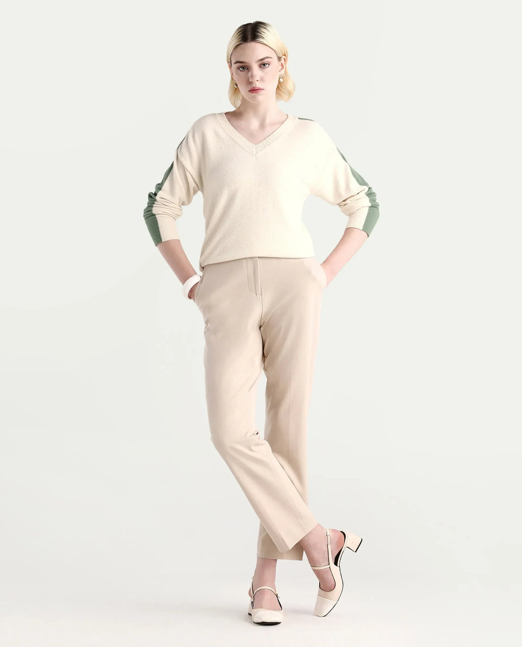 Rareism Women's Zander Off White Nylon V-Neck Relaxed Fit Plain Sweater