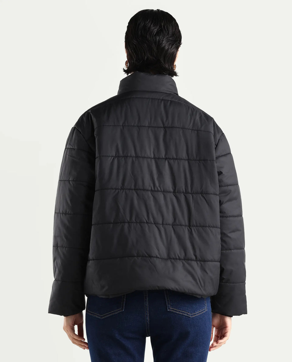 Rareism Women's Zapel Black Polyester Round Collar Boxy Plain Jacket