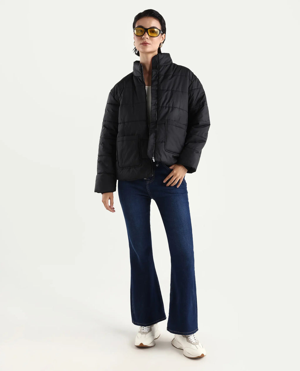 Rareism Women's Zapel Black Polyester Round Collar Boxy Plain Jacket