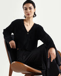 Rareism Women's Zarc-S Black Nylon V-Neck Relaxed Fit Plain Cardigan