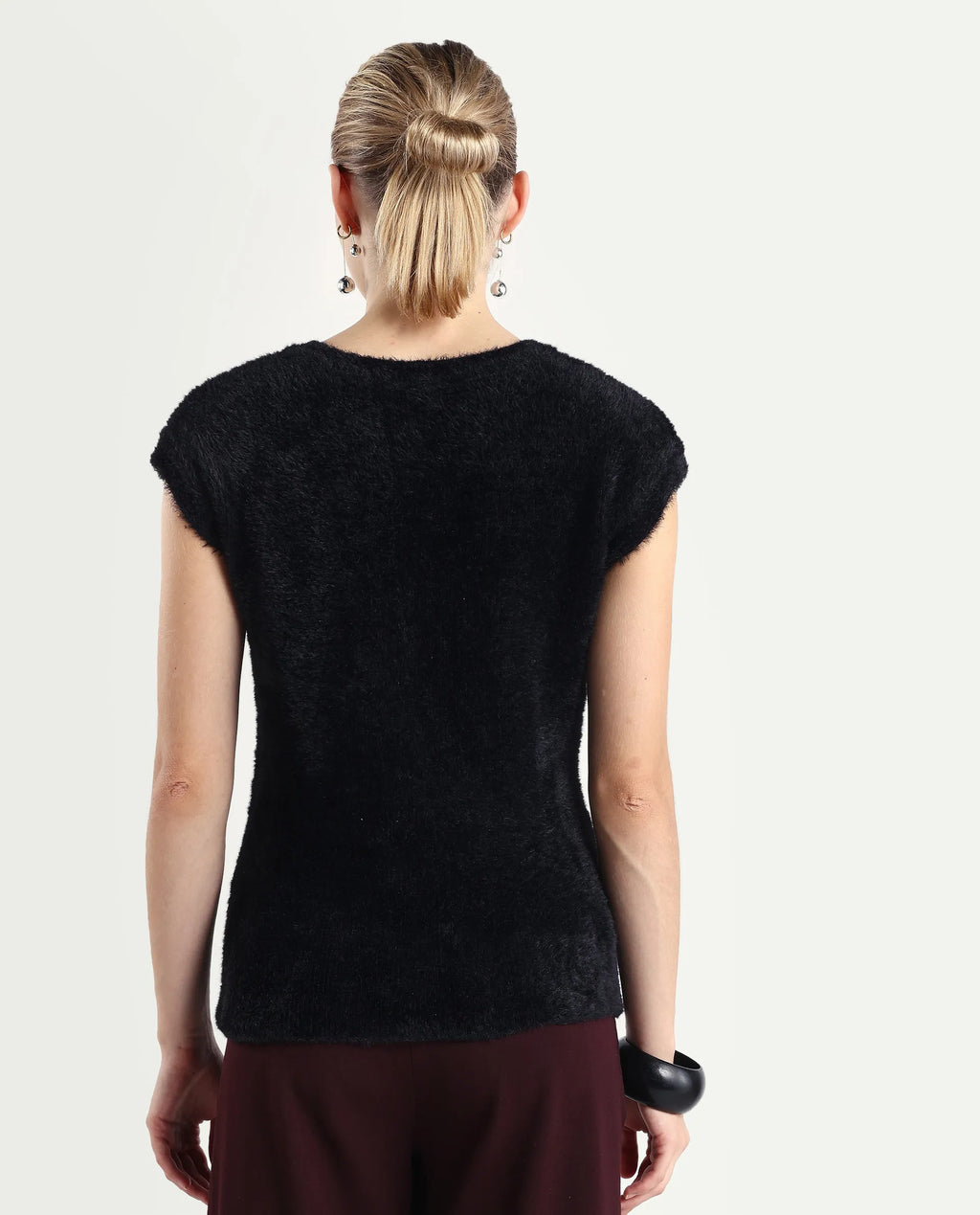 Rareism Women's Zarc-T Black Nylon High Neck Regular Fit Plain Top