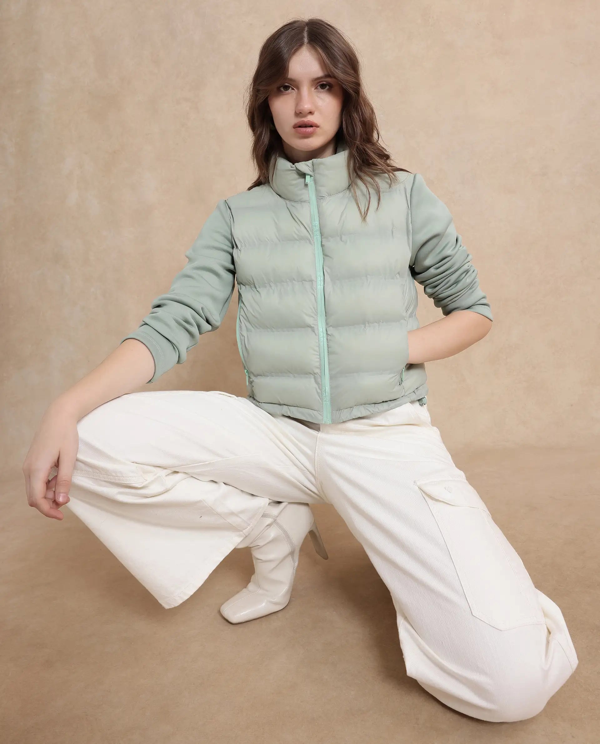 Rareism Women's Zarcro Light Green Stand Collar Dyed Regular Fit Jacket
