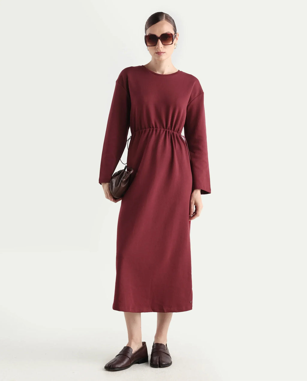 Rareism Women's Zarene Maroon Cotton Cotton Blend Crew Neck Plain Maxi Regular Fit Dress