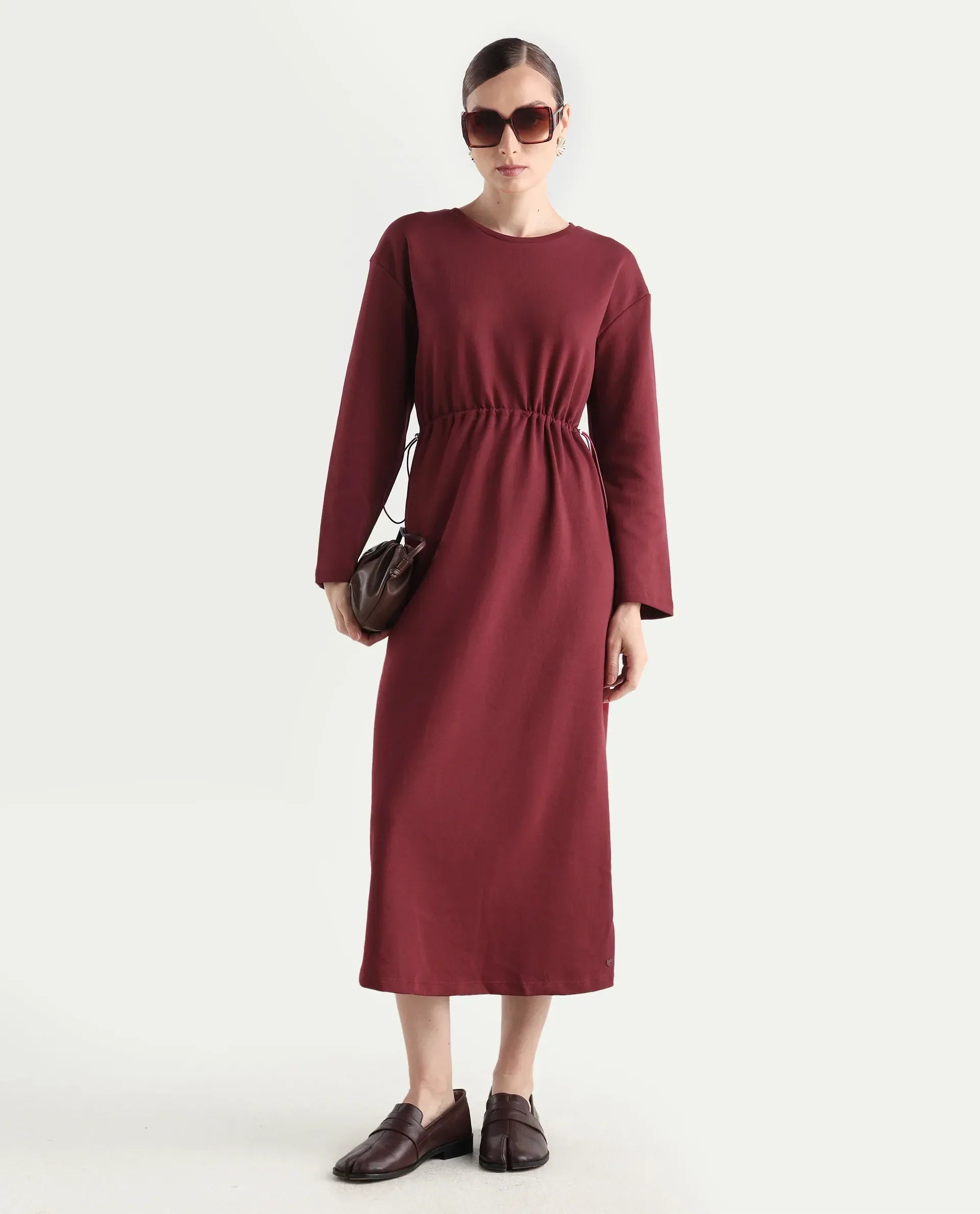 Rareism Women's Zarene Maroon Cotton Cotton Blend Crew Neck Plain Maxi Regular Fit Dress